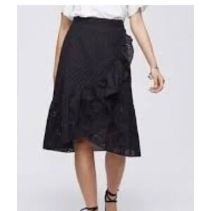 Loft Women SZ 0 black eyelet hi low midi skirt w/ruffle side zip office career